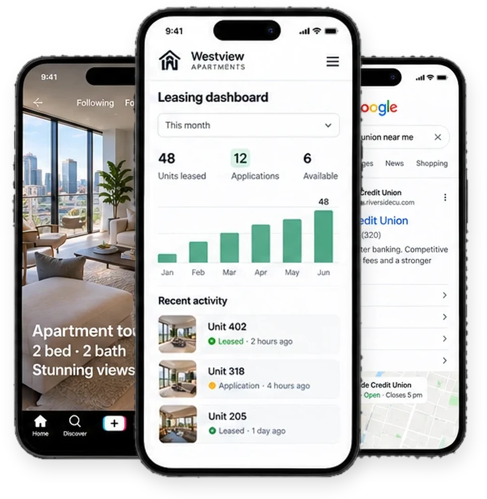 An apartment tour reel, a leasing dashboard and a Google result on three phones